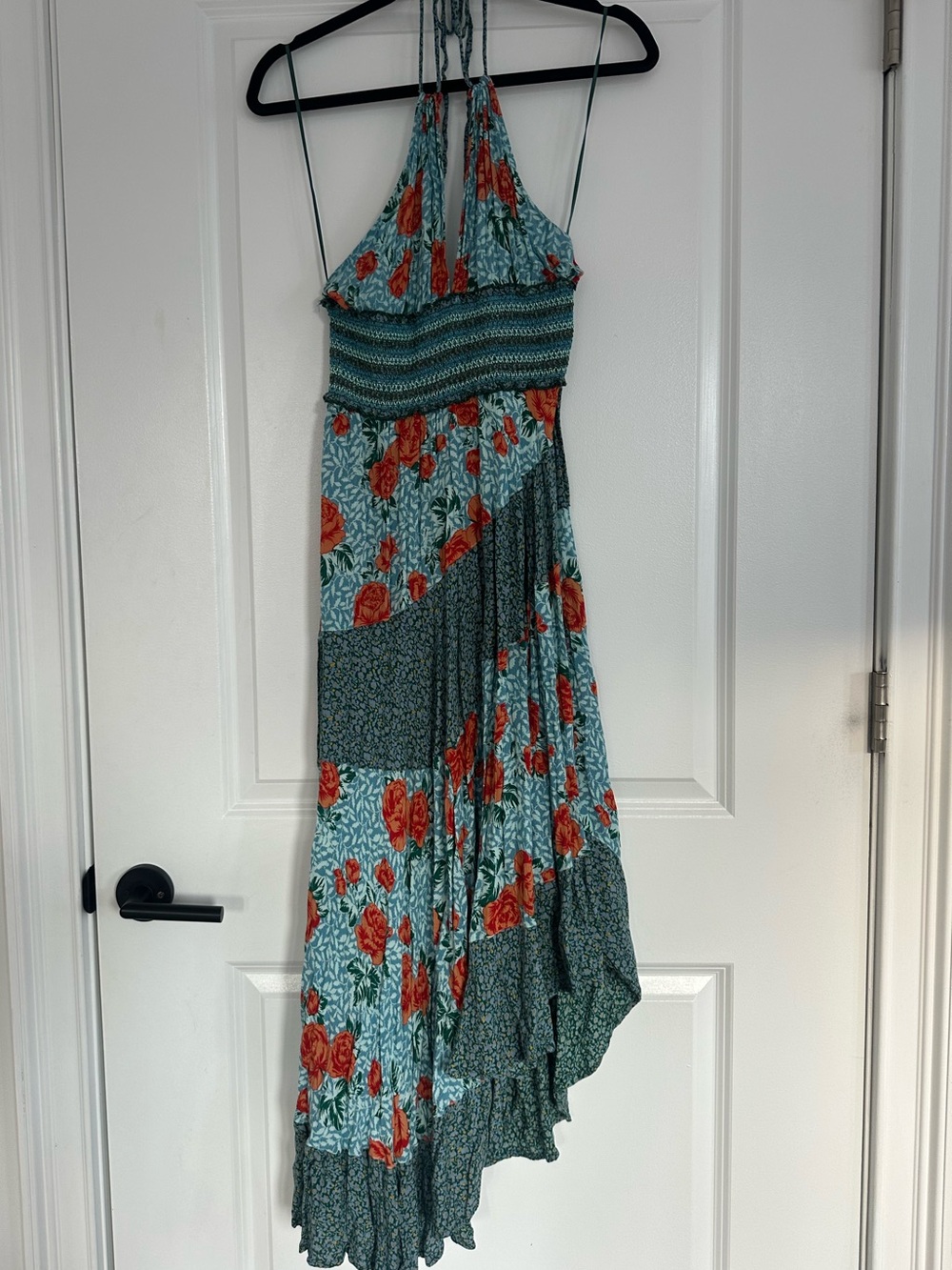 Free People Teal Halter High-Low Maxi Dress with Rose Floral Print